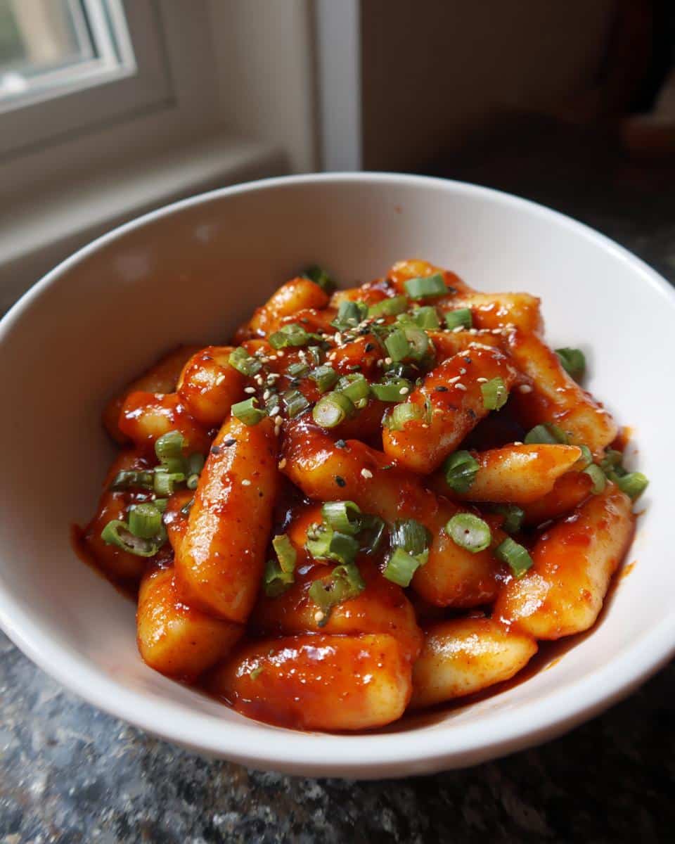 Close-up of Tteokbokki, Korean spicy rice cakes, in a white bowl, garnished with sesame seeds and green onions.
