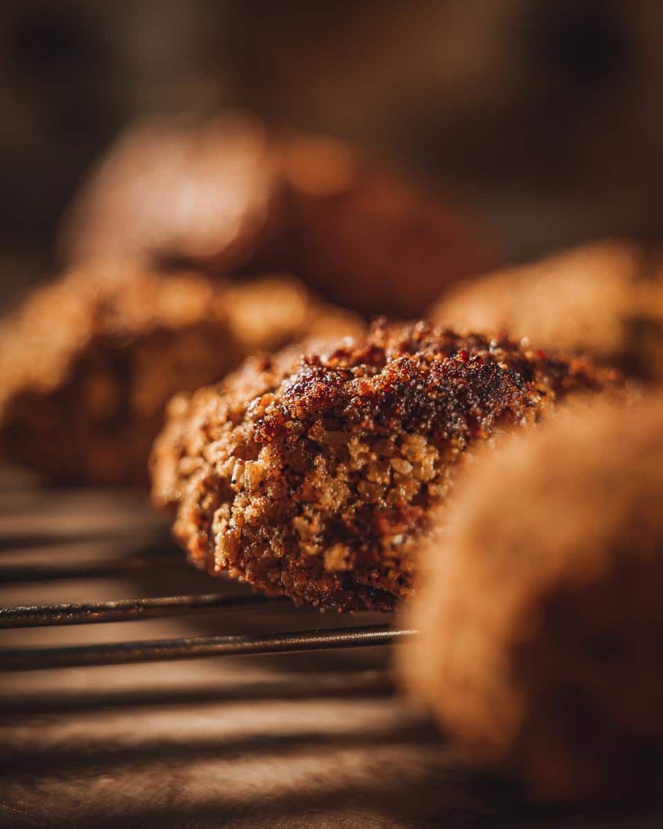Close-up of golden brown tuna cakes with a textured crust, resting on a metal cooling rack.