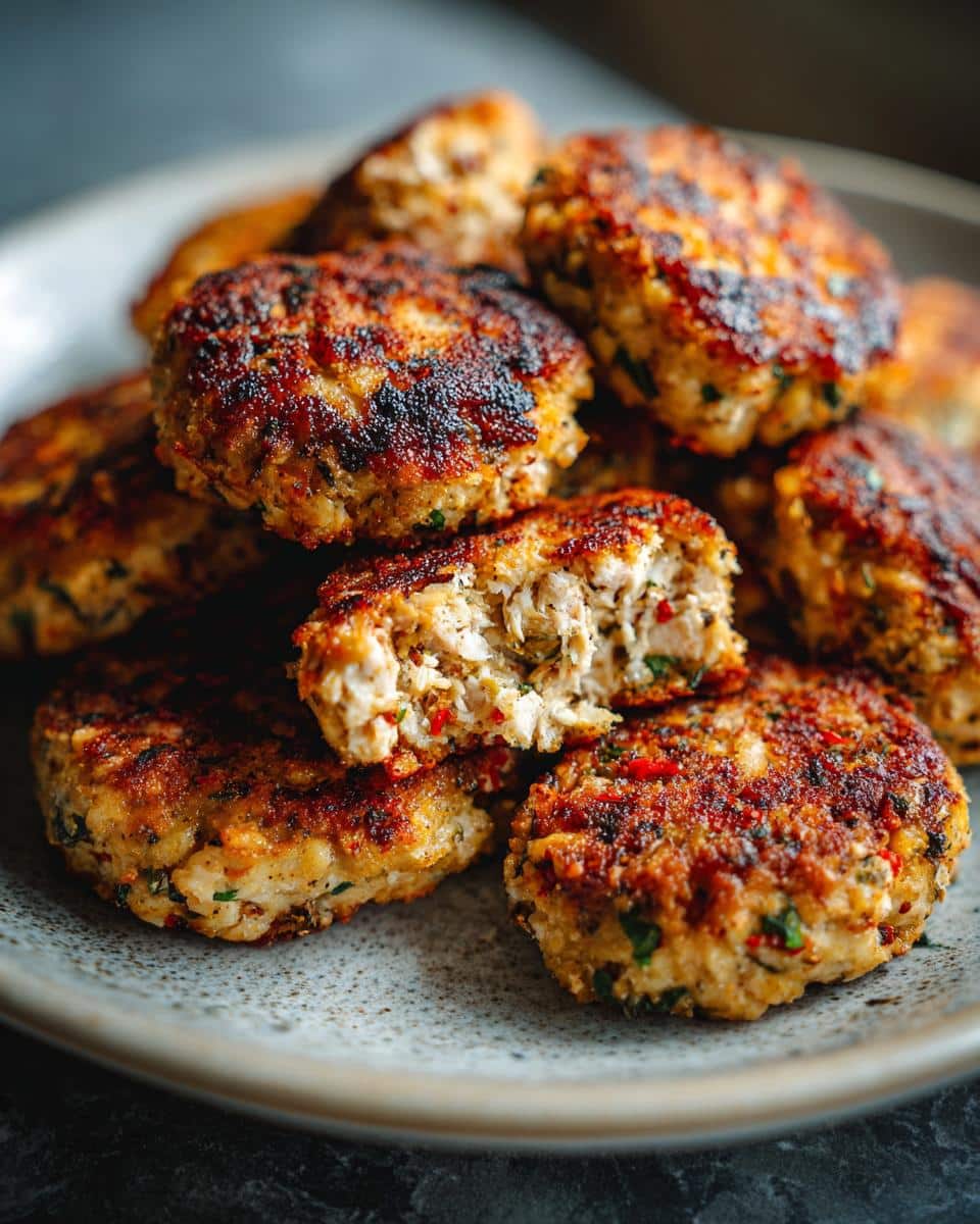 A close-up of a stack of golden brown tuna cakes, with one cut in half to show the flaky tuna inside.