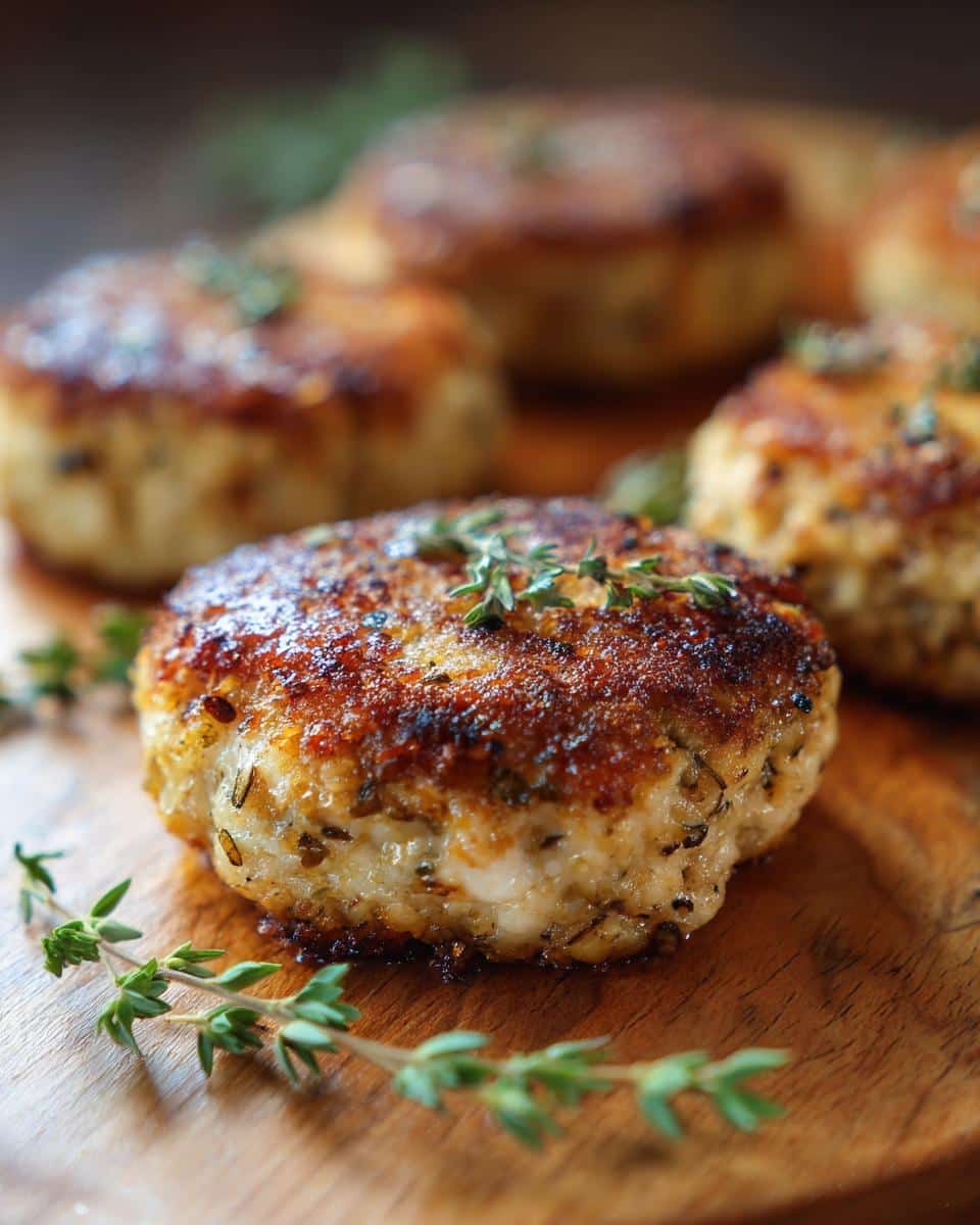 Close-up of golden brown tuna cakes garnished with fresh thyme sprigs on a wooden board.