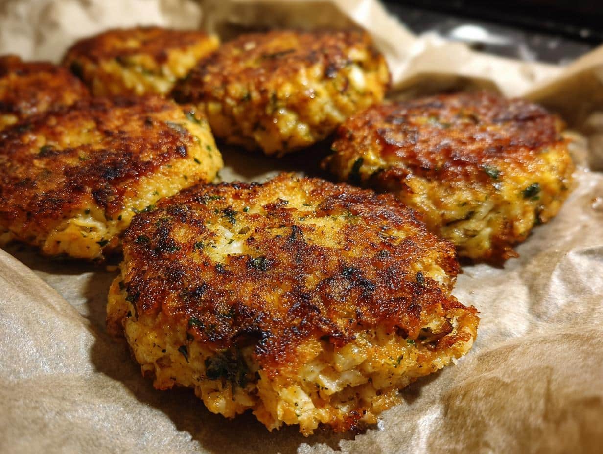 A close-up of several golden-brown, freshly cooked tuna cakes arranged on parchment paper.