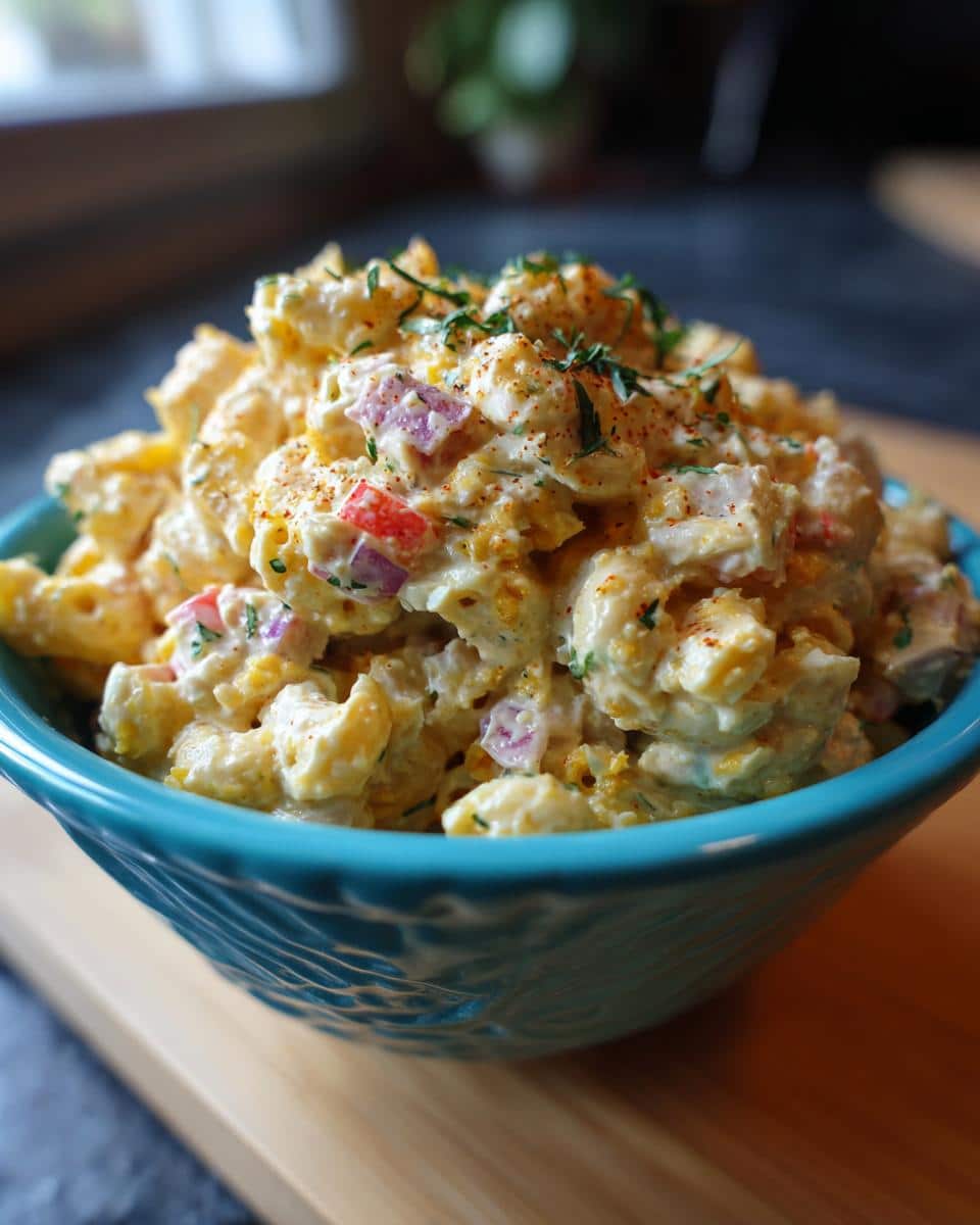 A close-up of a vibrant blue bowl filled with creamy tuna macaroni salad, garnished with paprika and herbs.