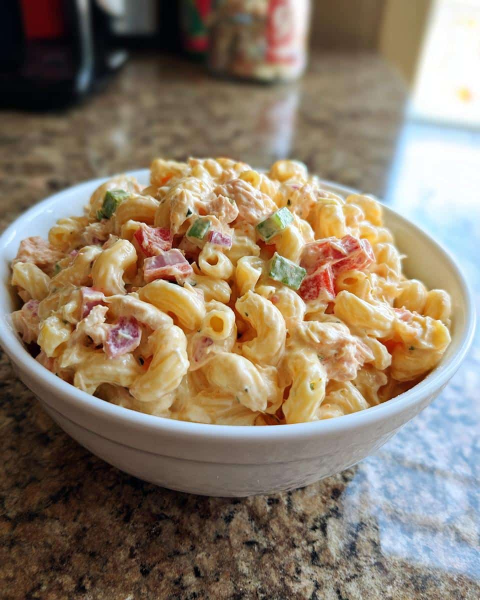 A white bowl filled with creamy tuna macaroni salad, featuring elbow macaroni, tuna, and diced vegetables.