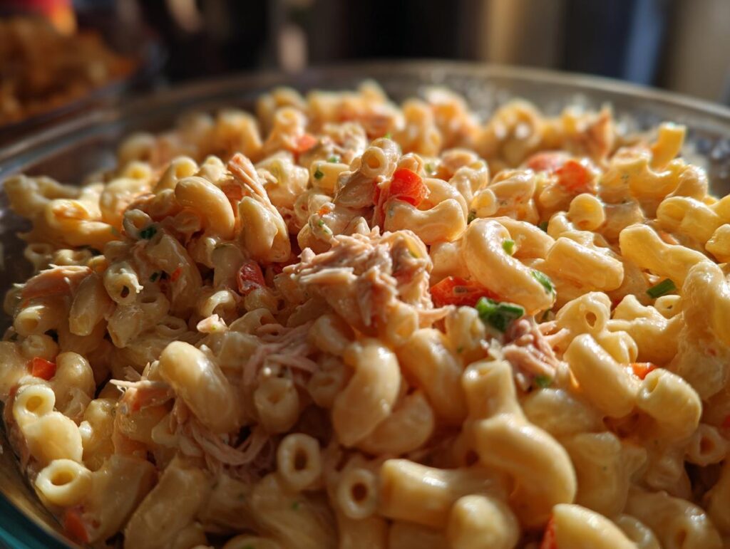 Close-up of creamy tuna macaroni salad with elbow pasta, tuna chunks, and diced red peppers.
