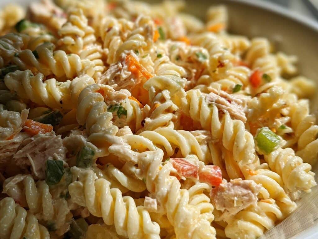 Close-up view of Grandma's perfect tuna pasta salad, featuring rotini pasta, flaked tuna, and colorful chopped vegetables in a creamy dressing.