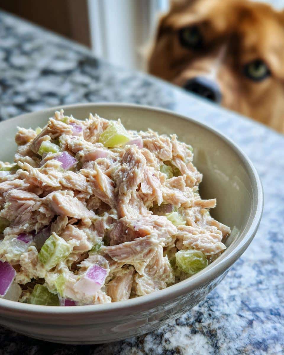 A close-up of a creamy tuna salad recipe with chunks of tuna, celery, and red onion in a bowl.