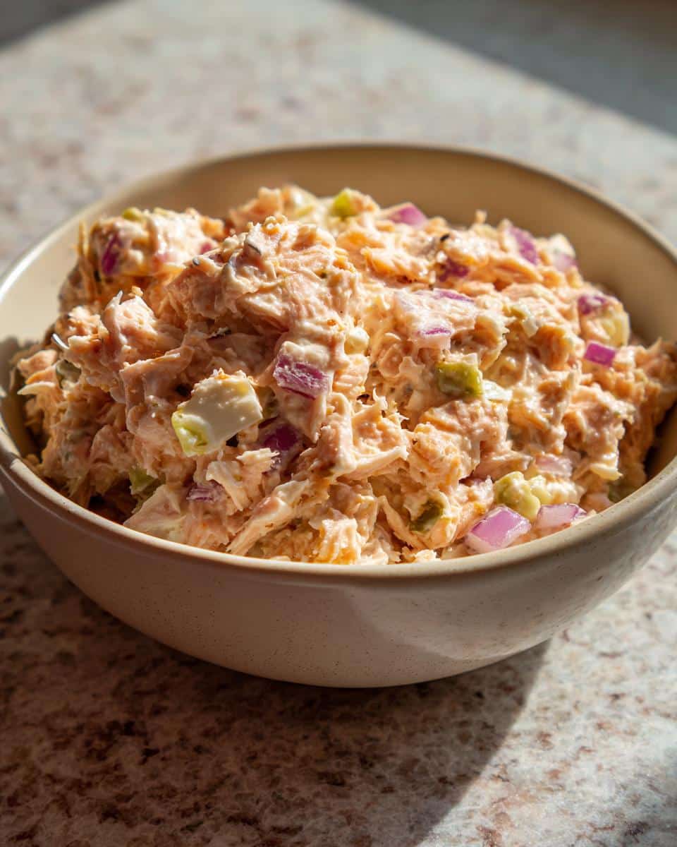 Close-up of a creamy tuna salad recipe in a bowl, with visible chunks of tuna, red onion, and celery.
