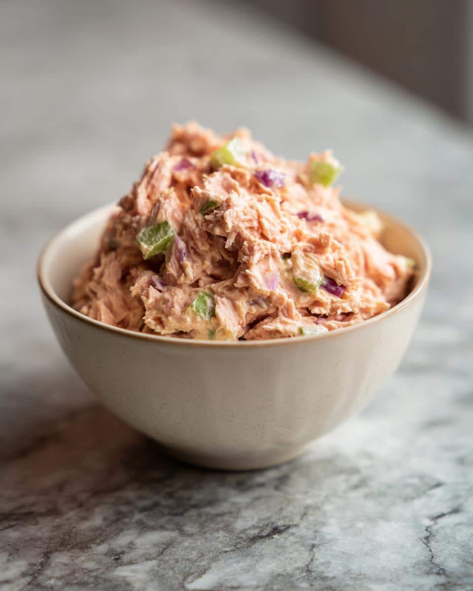 A close-up of a bowl filled with creamy tuna salad recipe, featuring chunks of tuna, celery, and red onion.
