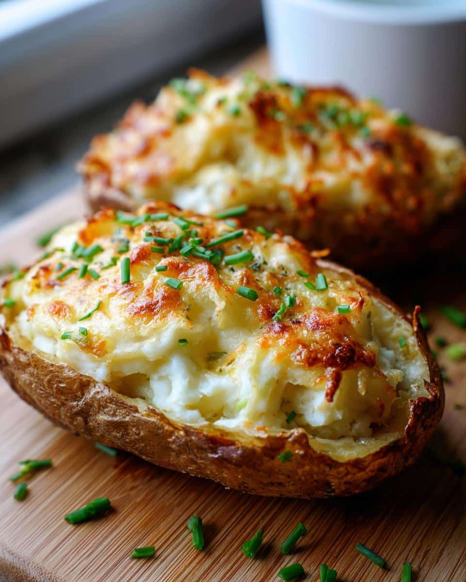 Close-up of a twice baked potato casserole, topped with melted cheese and fresh chives.