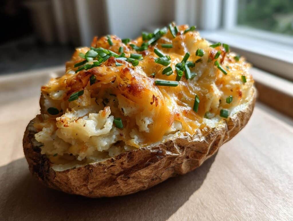 A close-up of a twice baked potato casserole, topped with melted cheese and fresh chives.