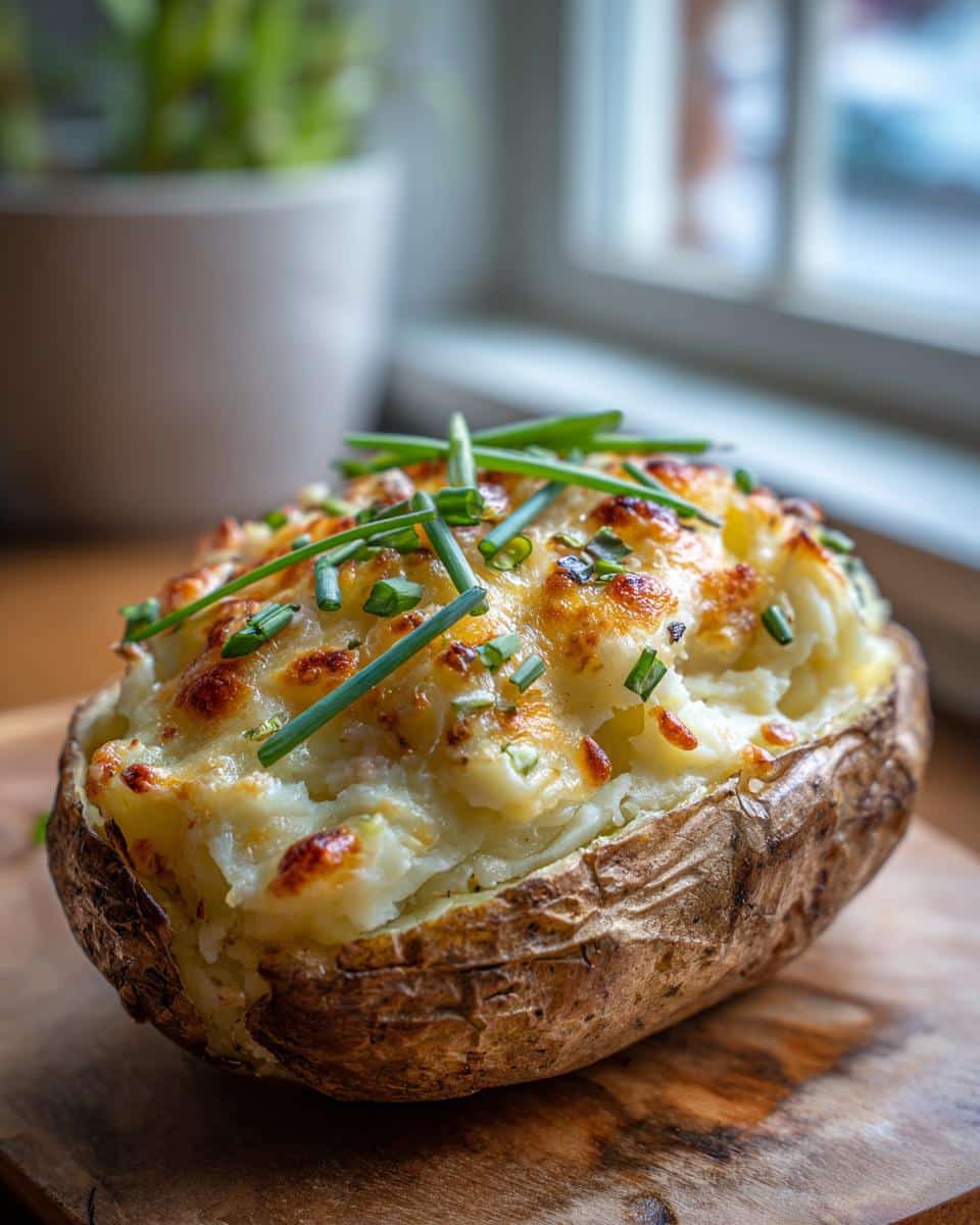 A close-up of a twice baked potato casserole, topped with melted cheese and fresh chives.