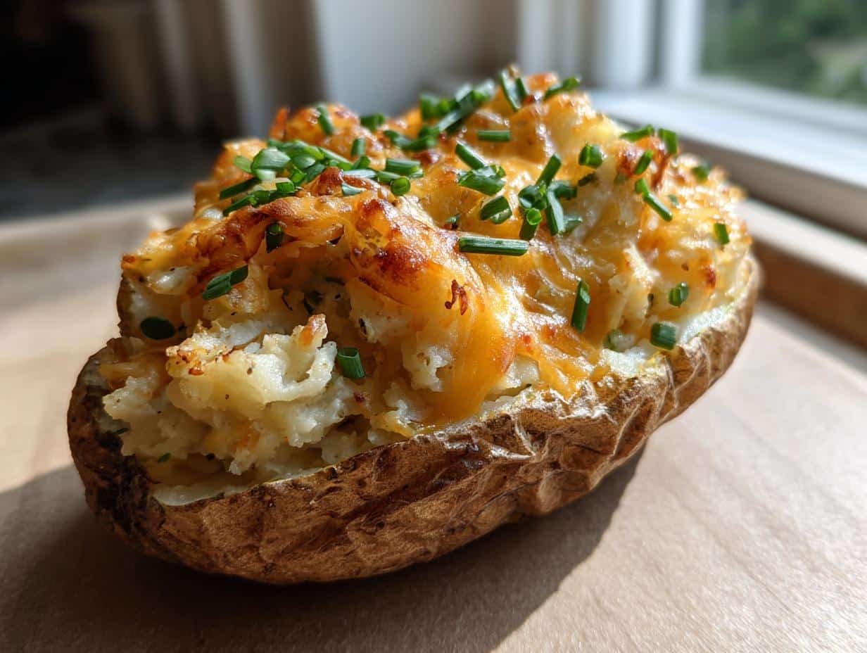 A close-up of a twice baked potato casserole, topped with melted cheese and fresh chives.