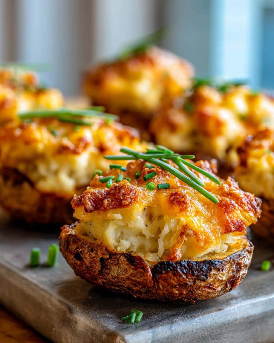 Close-up of a twice baked potato casserole, topped with melted cheese and fresh chives.