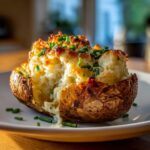 A close-up of a twice baked potato casserole recipe, topped with melted cheese and fresh chives.