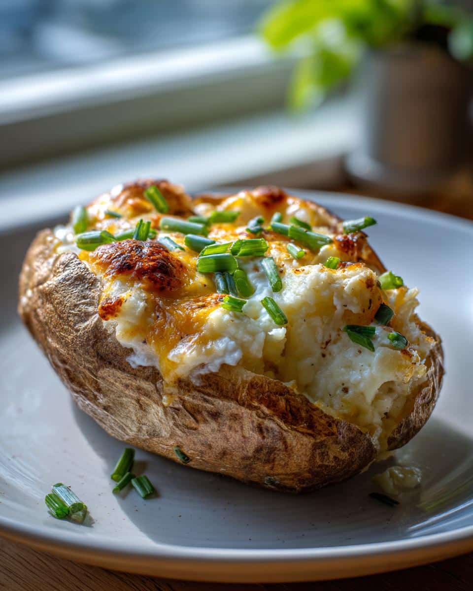 A delicious twice baked potato casserole recipe, topped with melted cheese and fresh chives.