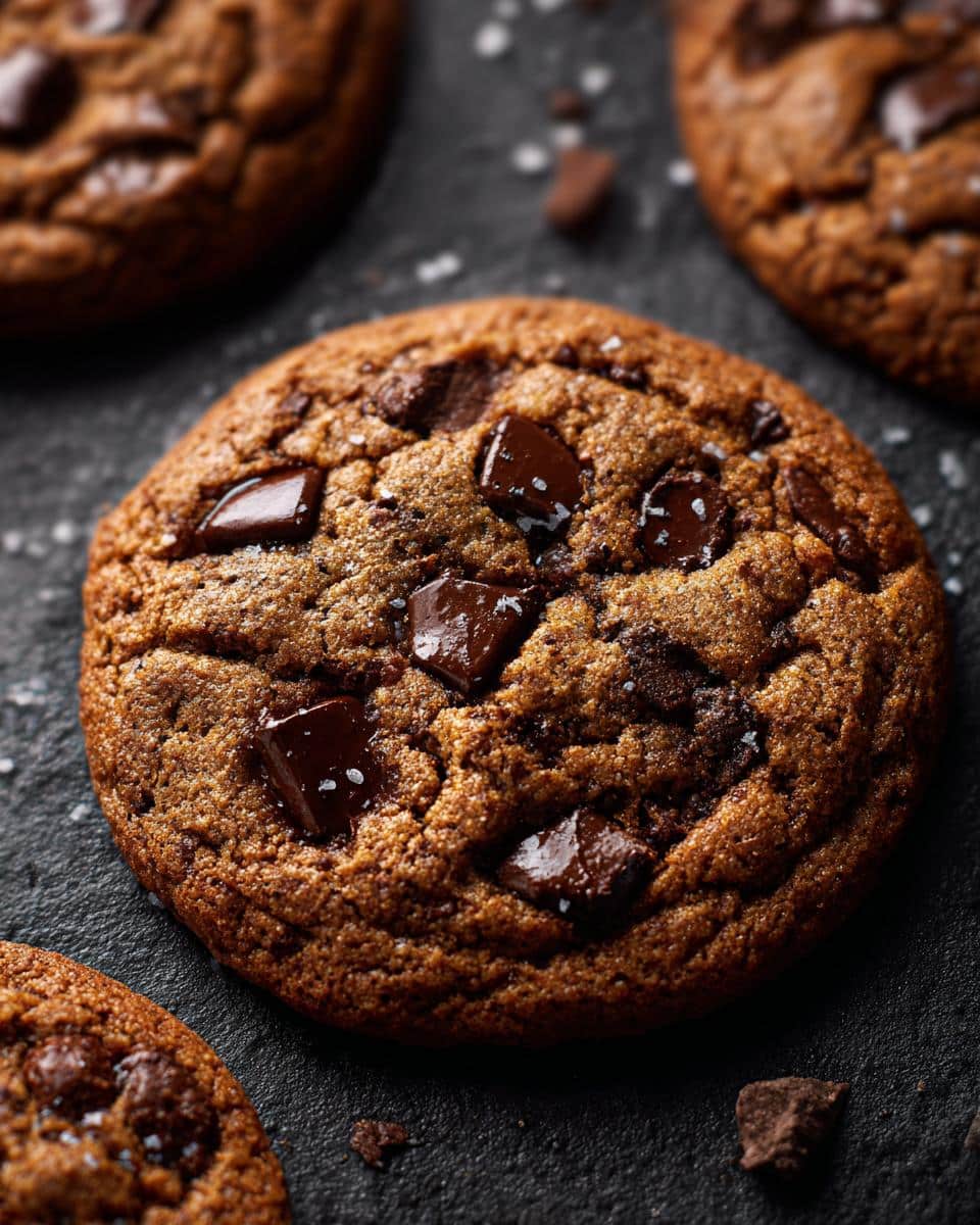 A close-up of a delicious vegan chocolate-chip cookie, showcasing its texture and chocolate chunks.
