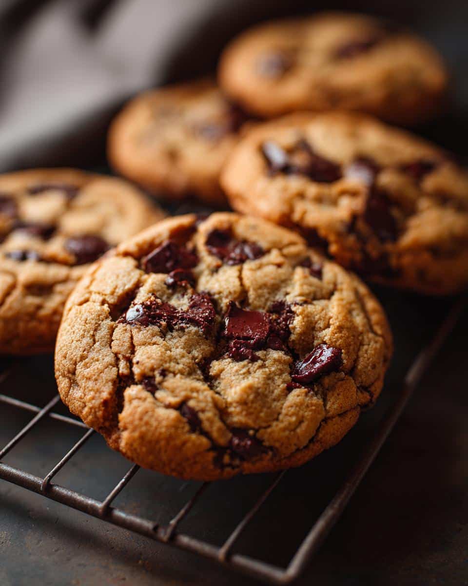 Freshly baked vegan chocolate-chip cookie cooling on a wire rack, featuring large chocolate chunks.