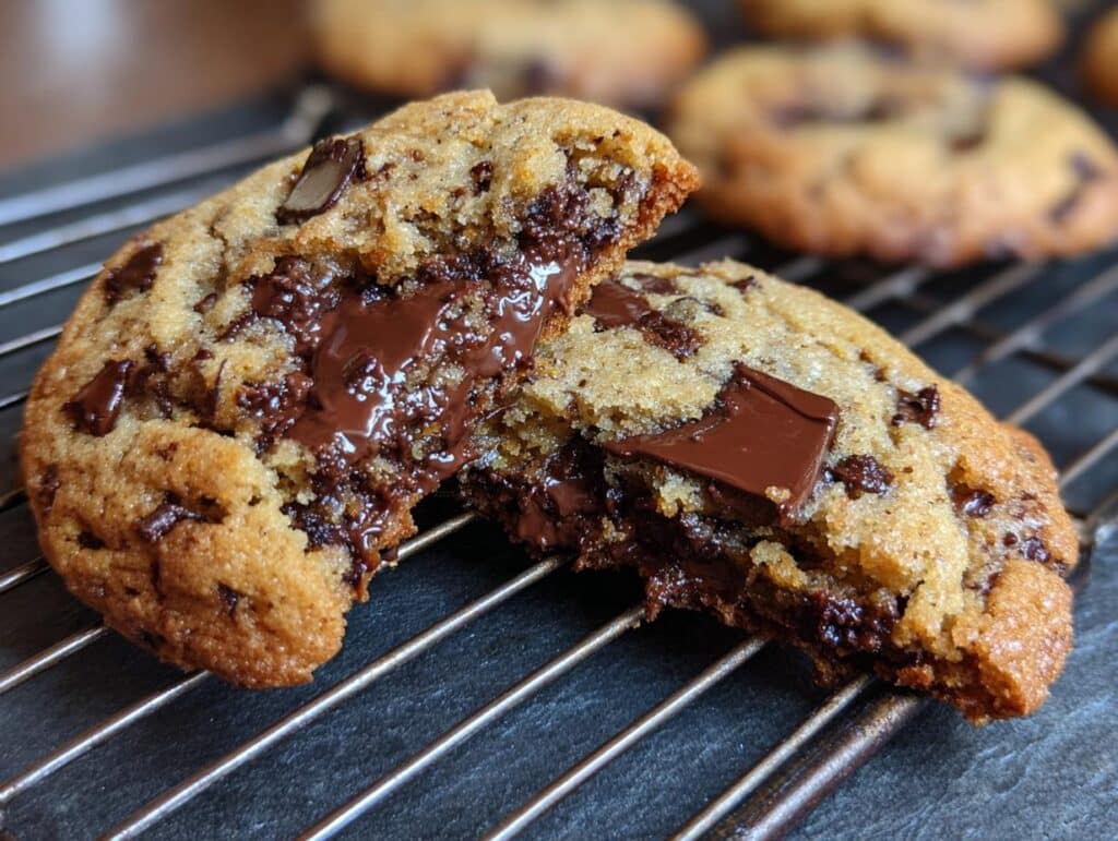 A vegan chocolate-chip cookie broken in half, showing melted chocolate chips inside.