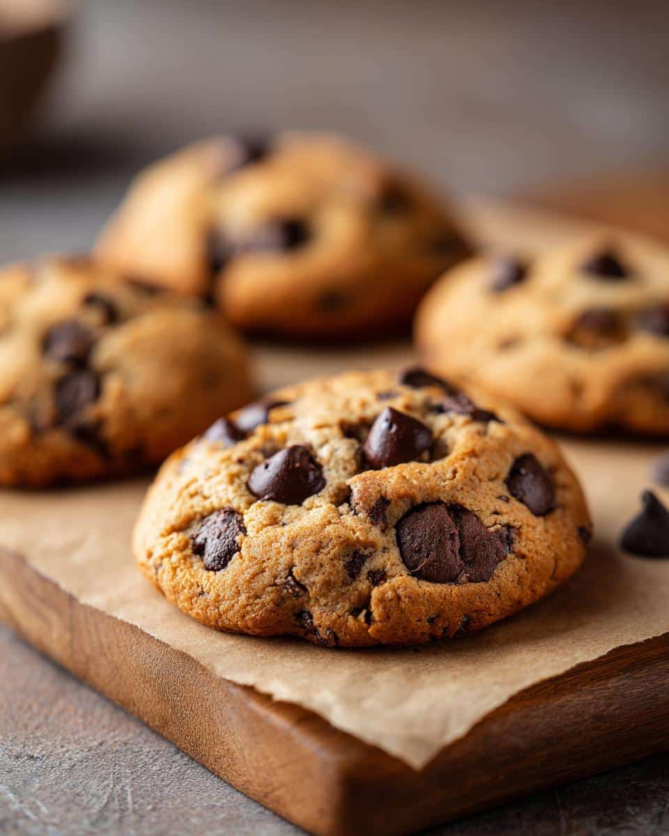 Close-up of a freshly baked vegan chocolate-chip cookie on a wooden board with other cookies in the background.