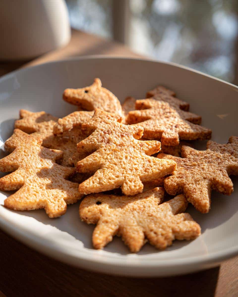 A close-up of a pile of golden-brown vegan Christmas cookies shaped like trees and a reindeer.