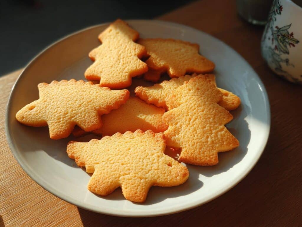A plate of golden-brown vegan Christmas cookies shaped like trees and dinosaurs, bathed in sunlight.