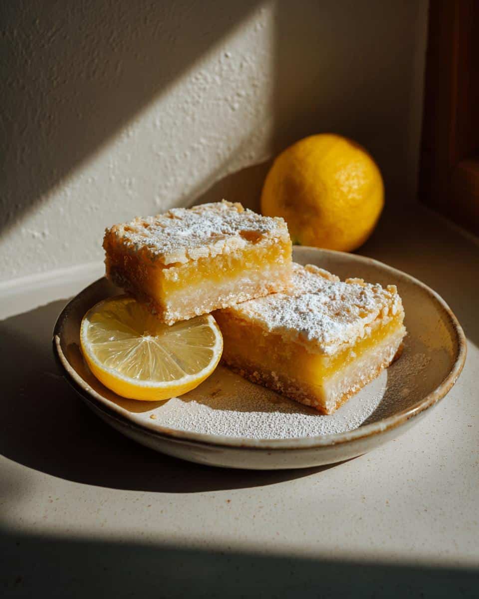 Two vegan lemon bars dusted with powdered sugar, served with a lemon slice on a plate.