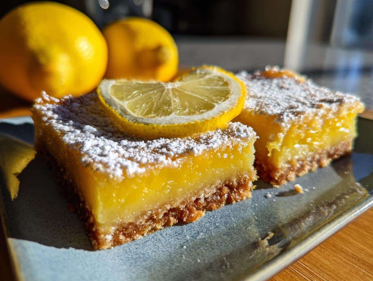 Two vegan lemon bars dusted with powdered sugar and topped with a lemon slice on a blue plate.