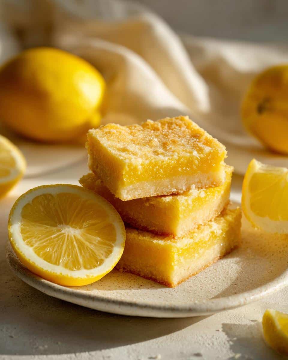 A stack of three vegan lemon bars on a plate, garnished with fresh lemon halves. Sweet and tangy vegan lemon bars.