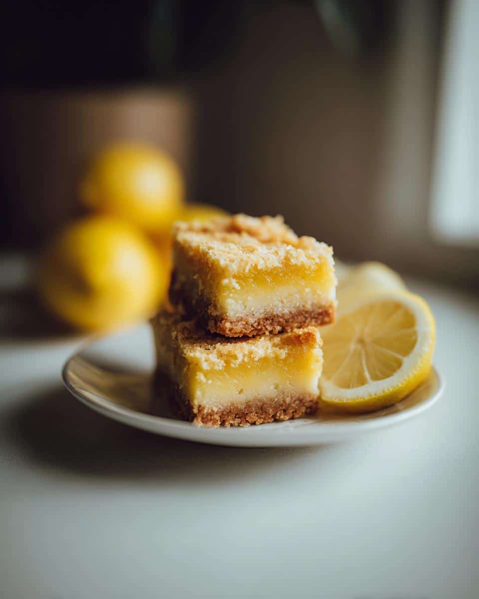 Two stacked vegan lemon bars on a plate, next to a lemon slice. Fresh lemons in the background.