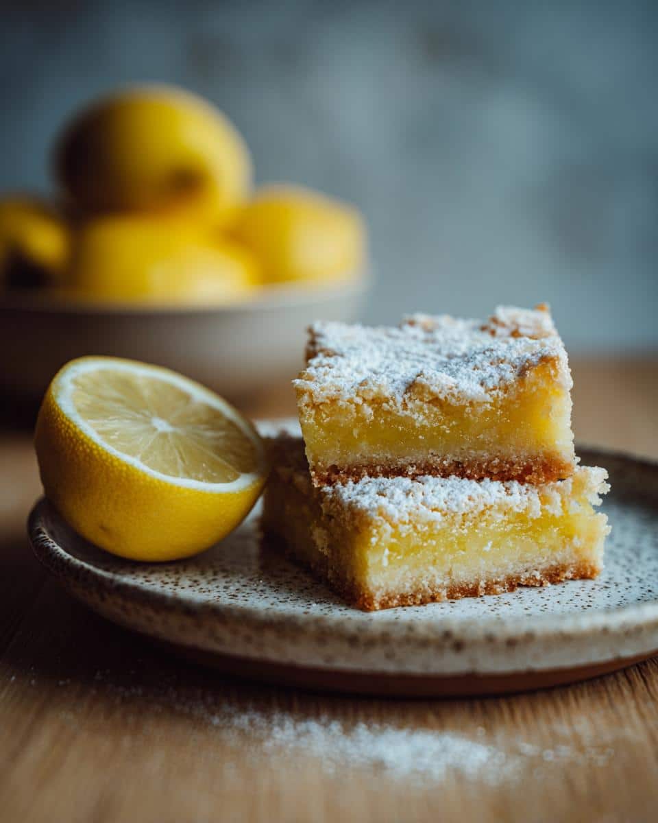 Two vegan lemon bars stacked on a plate with a lemon half, dusted with powdered sugar.
