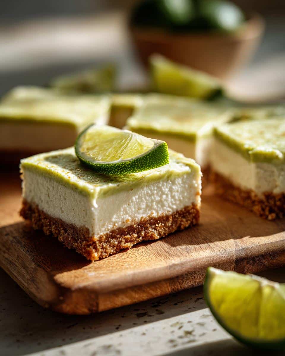 Close-up of Vegan Lime Bars with a lime slice on top, showcasing the crust and creamy filling.