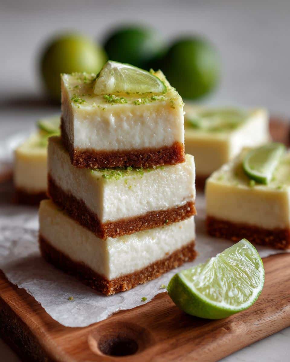 A stack of vegan lime bars on a wooden board, garnished with lime slices and zest.