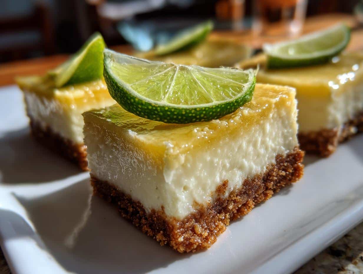 Close-up of vegan lime bars with a graham cracker crust, creamy filling, and lime wedge garnish.