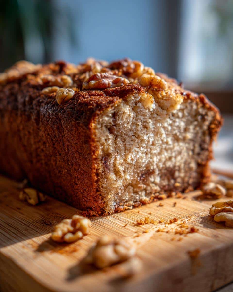 Close-up of a loaf of walnut banana bread, topped with walnuts, sitting on a wooden board.