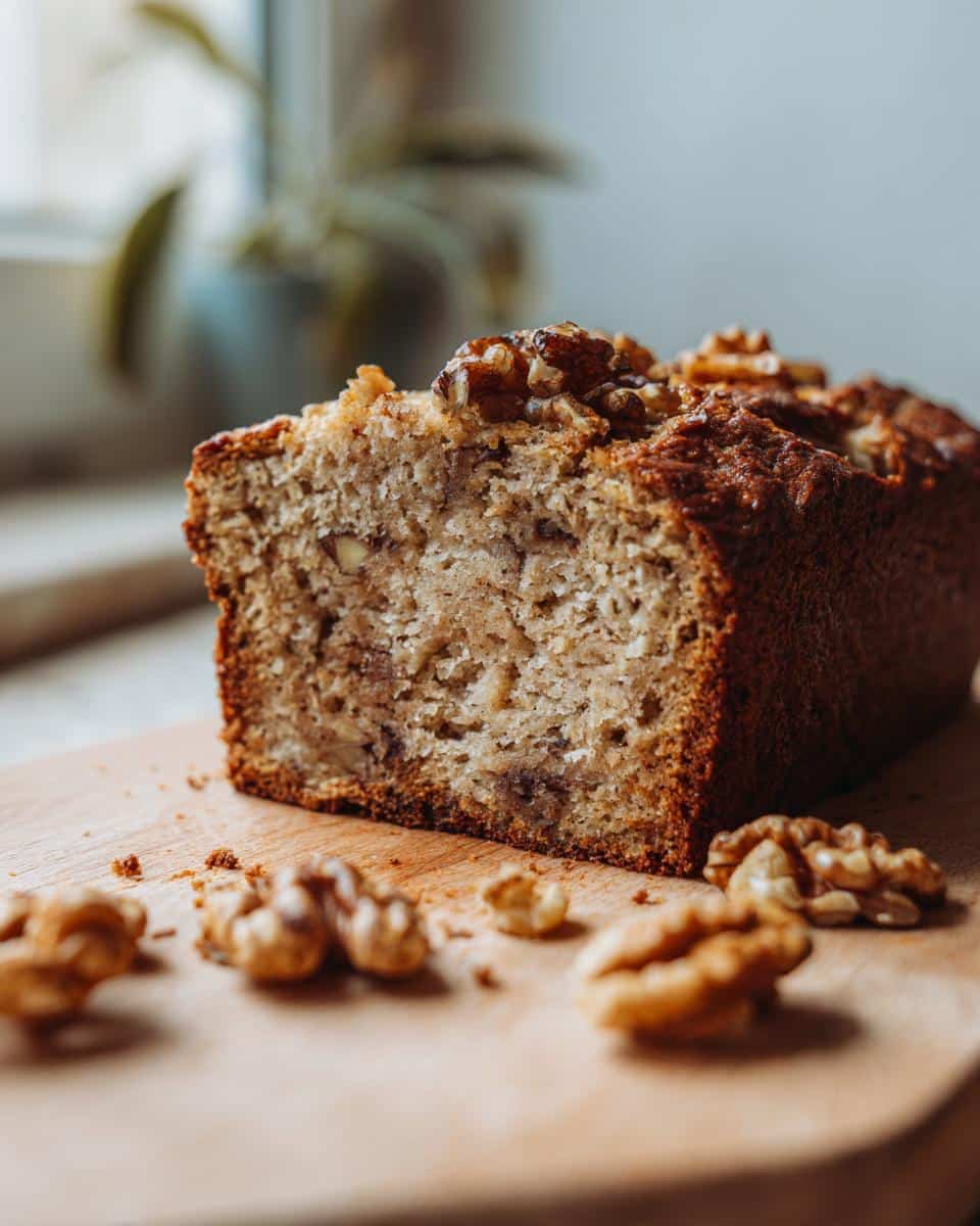 Close-up of a sliced loaf of Walnut Banana Bread topped with walnuts on a wooden board.