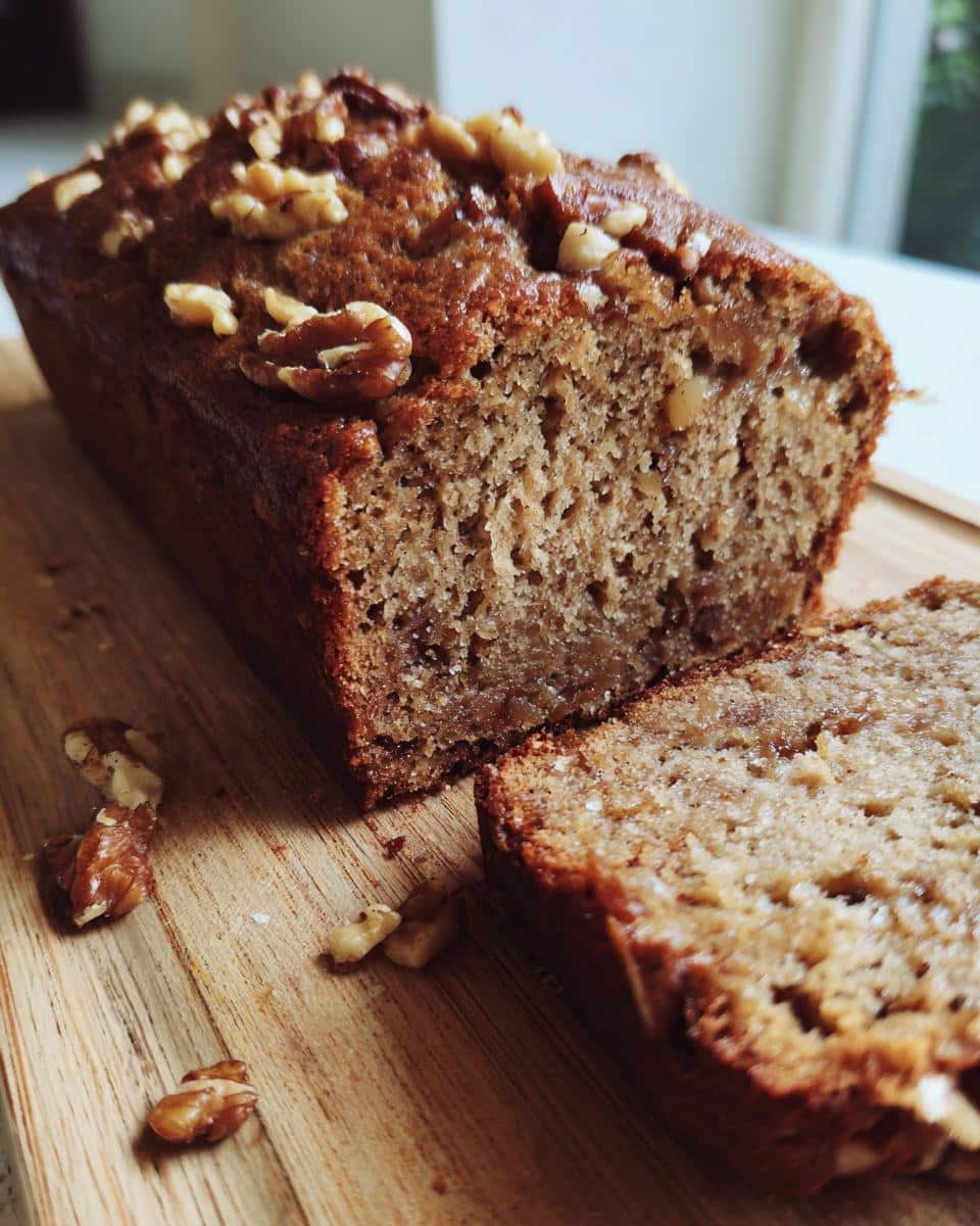 A loaf of walnut banana bread, sliced, showing the moist crumb and walnut topping.