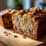 A slice of moist Walnut Banana Bread on a wooden cutting board, showcasing the bread's texture and walnut pieces.