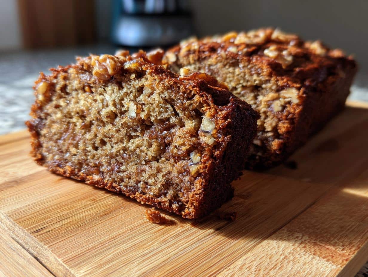 Close-up of sliced Walnut Banana Bread on a wooden cutting board, showing the texture and walnut topping.