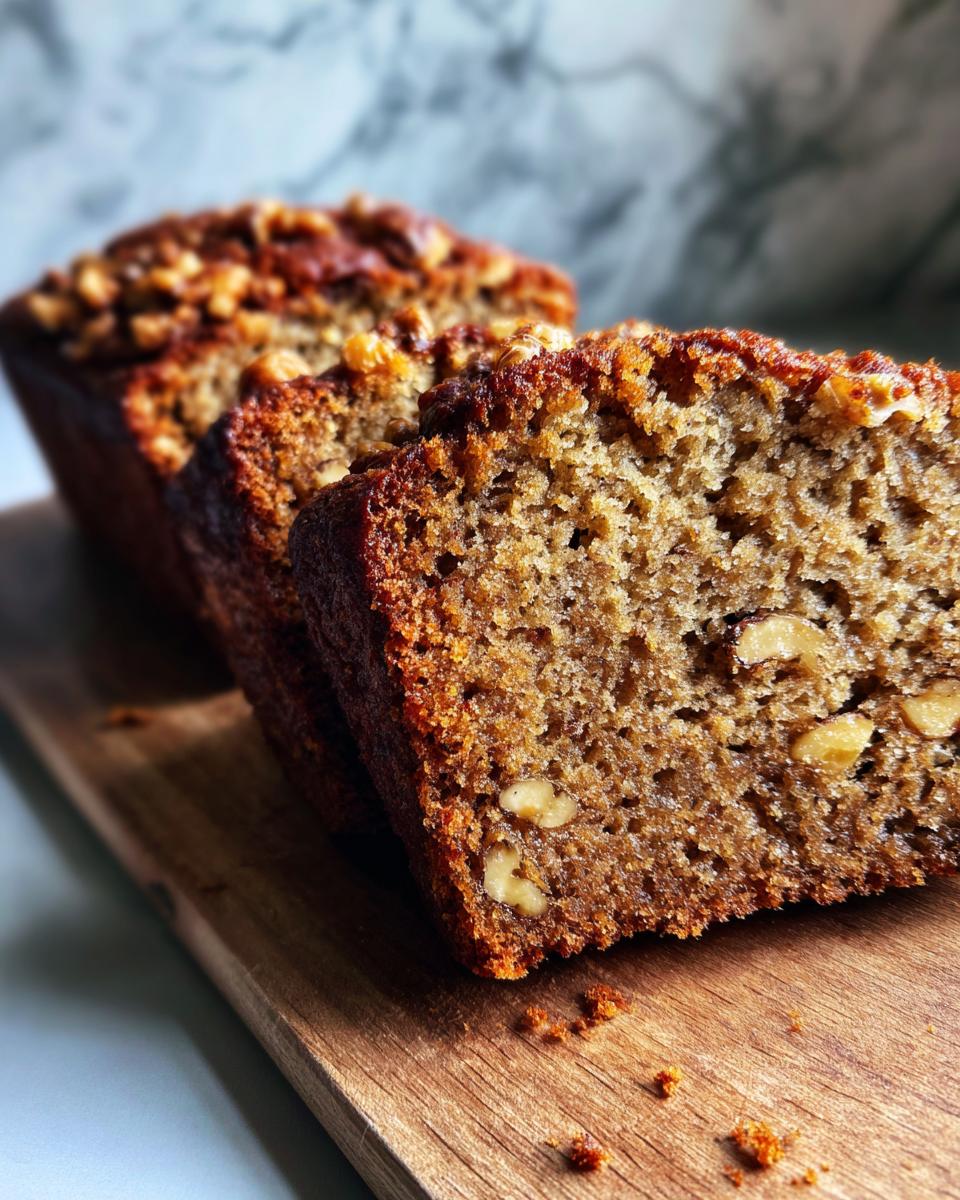Close-up of sliced walnut banana bread on a wooden board, showing the texture and walnuts.