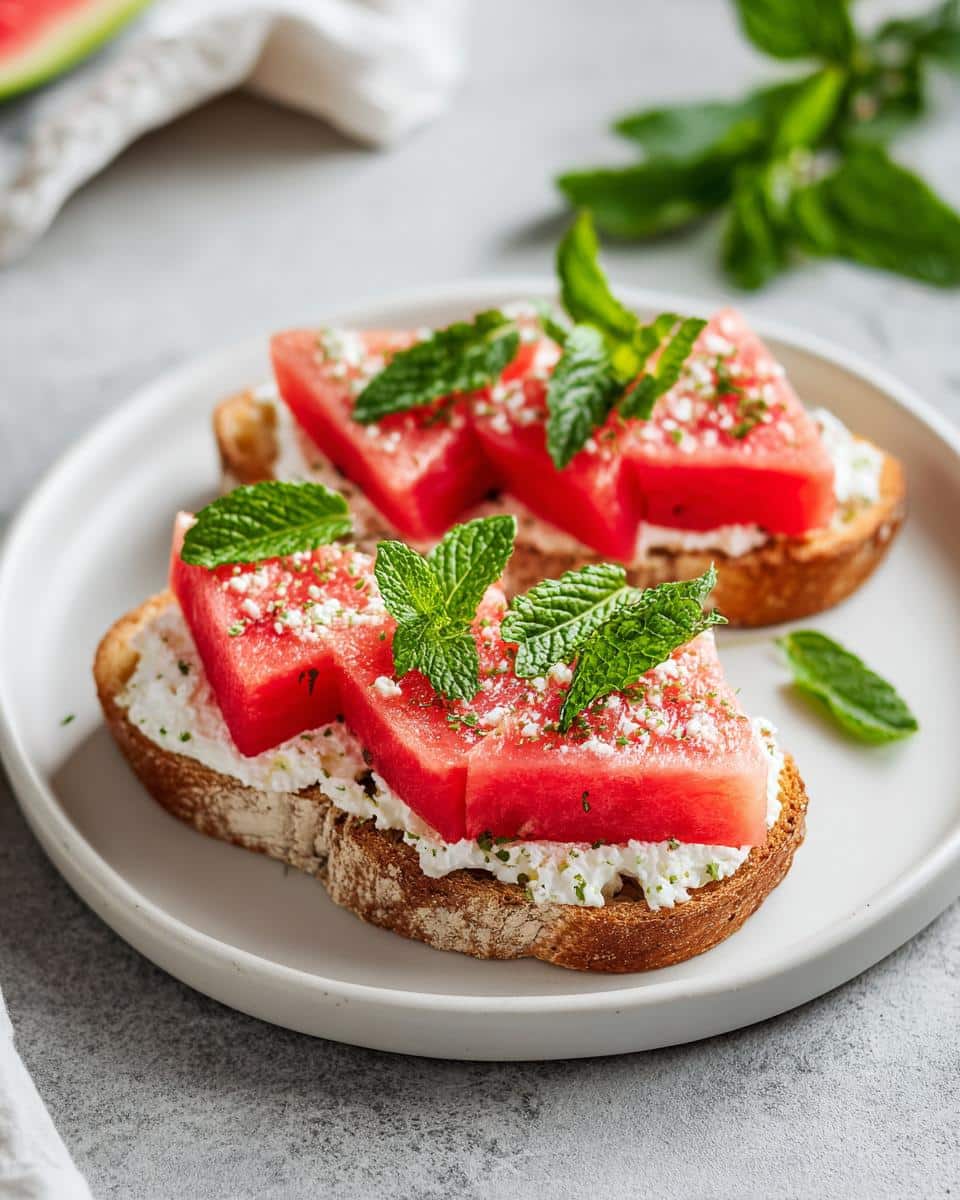 Two slices of watermelon sandwich on a plate, topped with fresh mint and cheese.