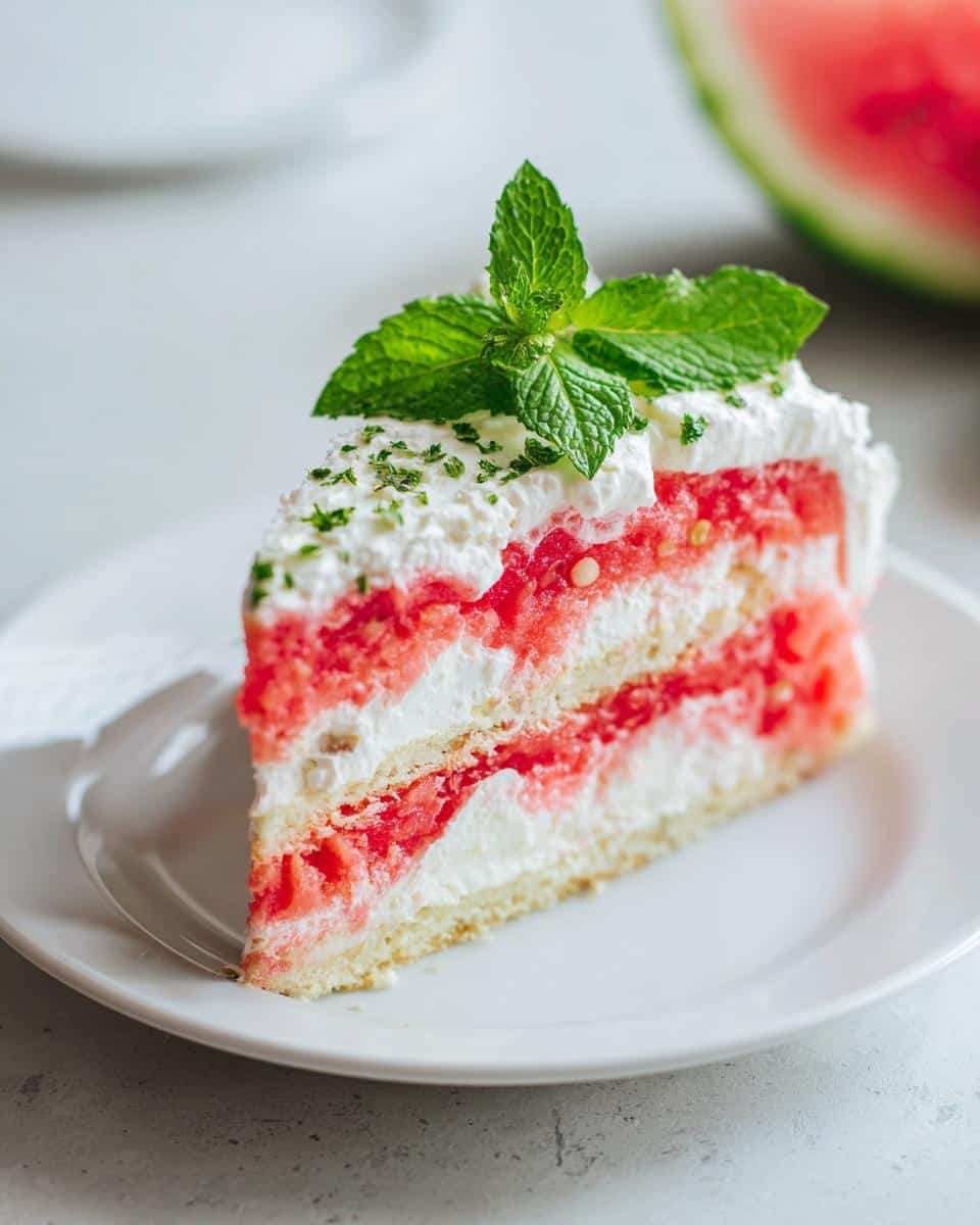 A slice of watermelon sandwich with layers of watermelon and cream, topped with mint.