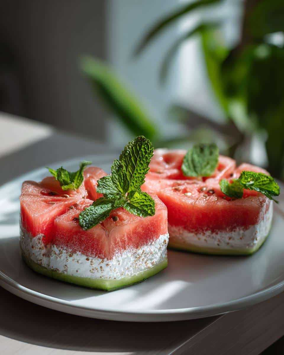 Two slices of watermelon sandwich with white filling and mint garnish on a white plate.