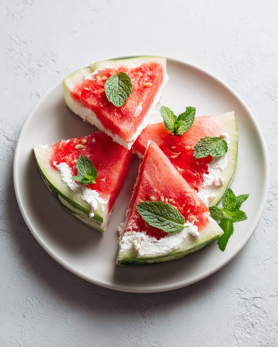 Slices of watermelon sandwich with creamy filling and mint garnish on a white plate.