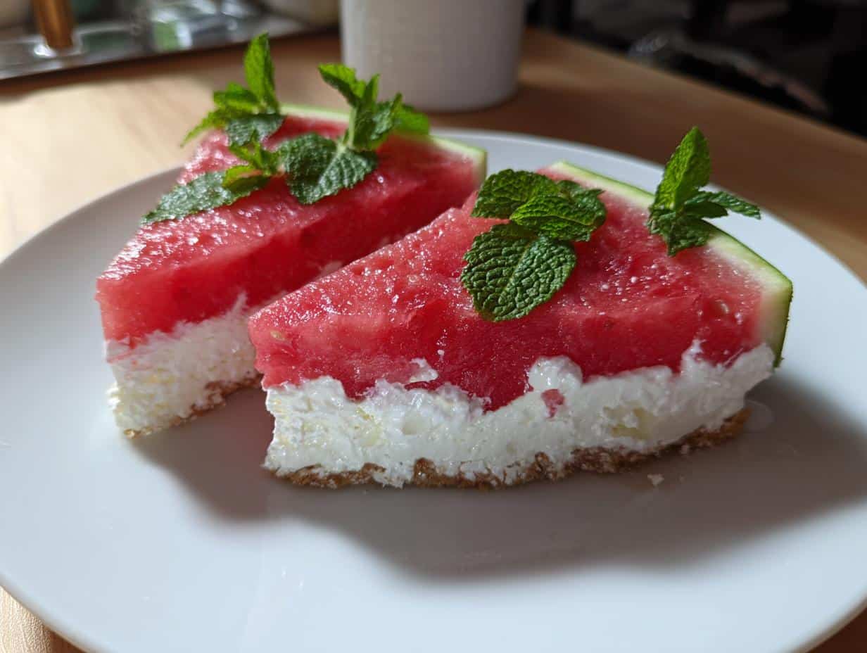 Two watermelon sandwich slices on a plate, topped with fresh mint. A refreshing and healthy treat.