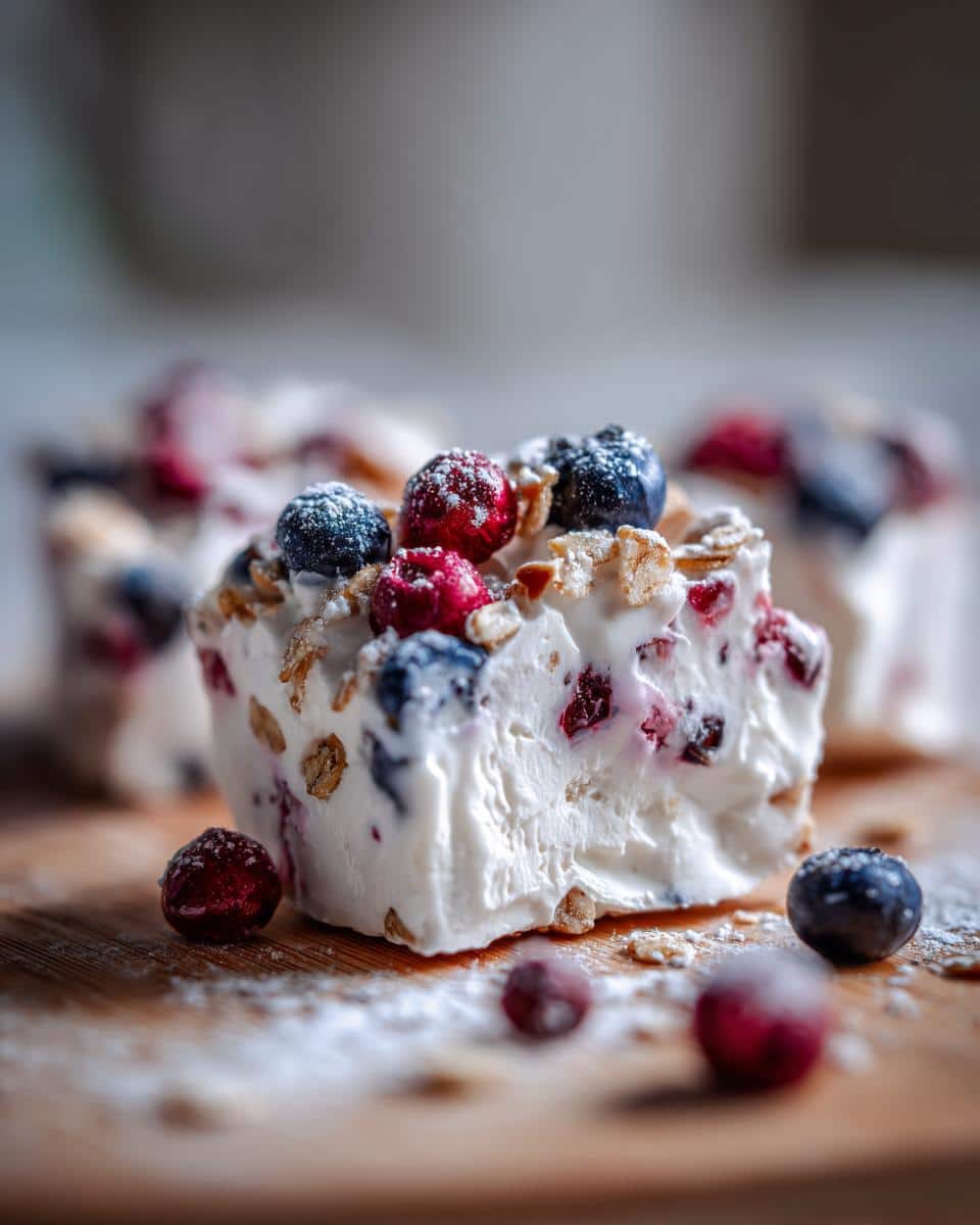 Close-up of a piece of yogurt bark topped with blueberries, raspberries, and granola on a wooden board.