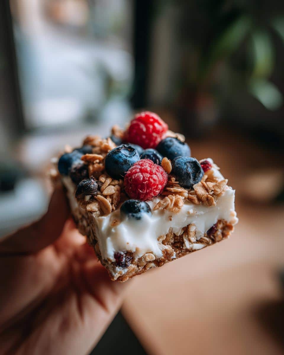 A hand holds a piece of yogurt bark topped with granola, blueberries, and raspberries.