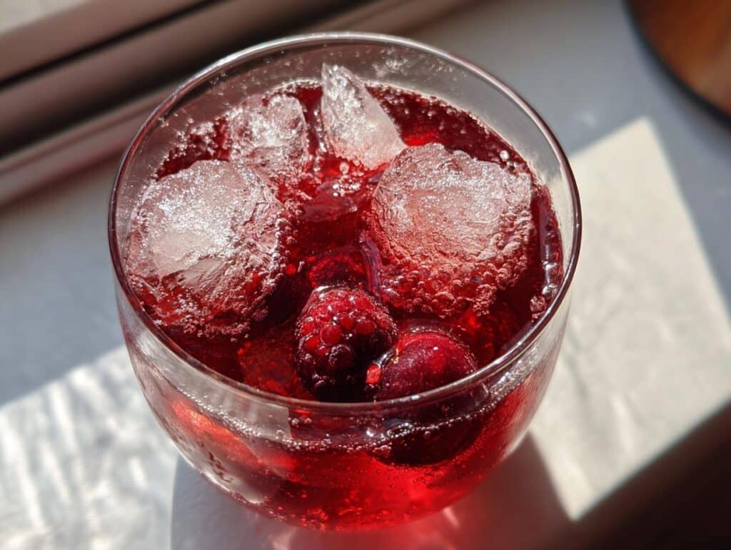A refreshing glass of 3-Ingredient Christmas Punch with ice, raspberries, and cranberries.