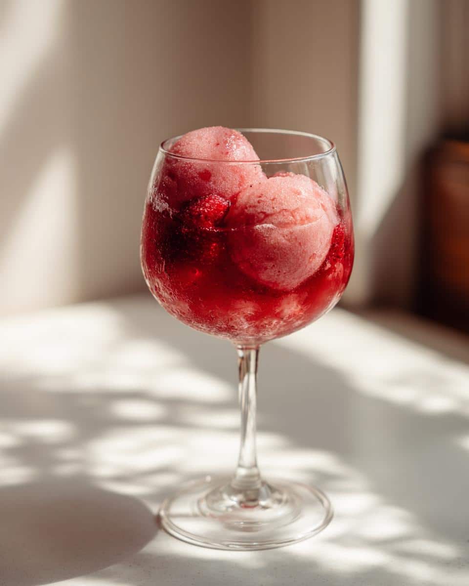 A glass filled with 3-Ingredient Christmas Punch, featuring pink sorbet and red liquid with fruit pieces.