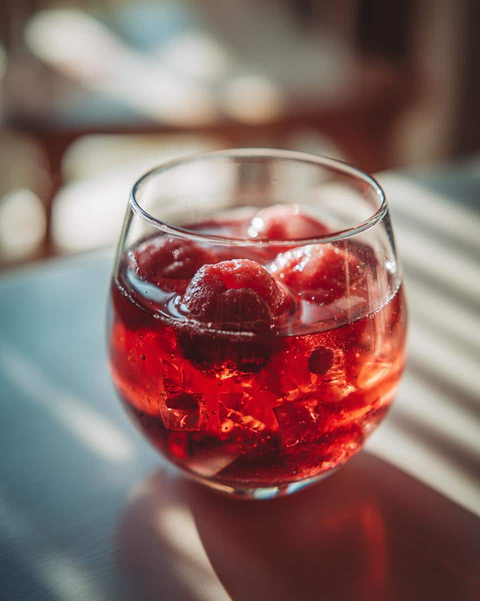 Close-up of a glass filled with vibrant red 3-Ingredient Christmas Punch and ice.