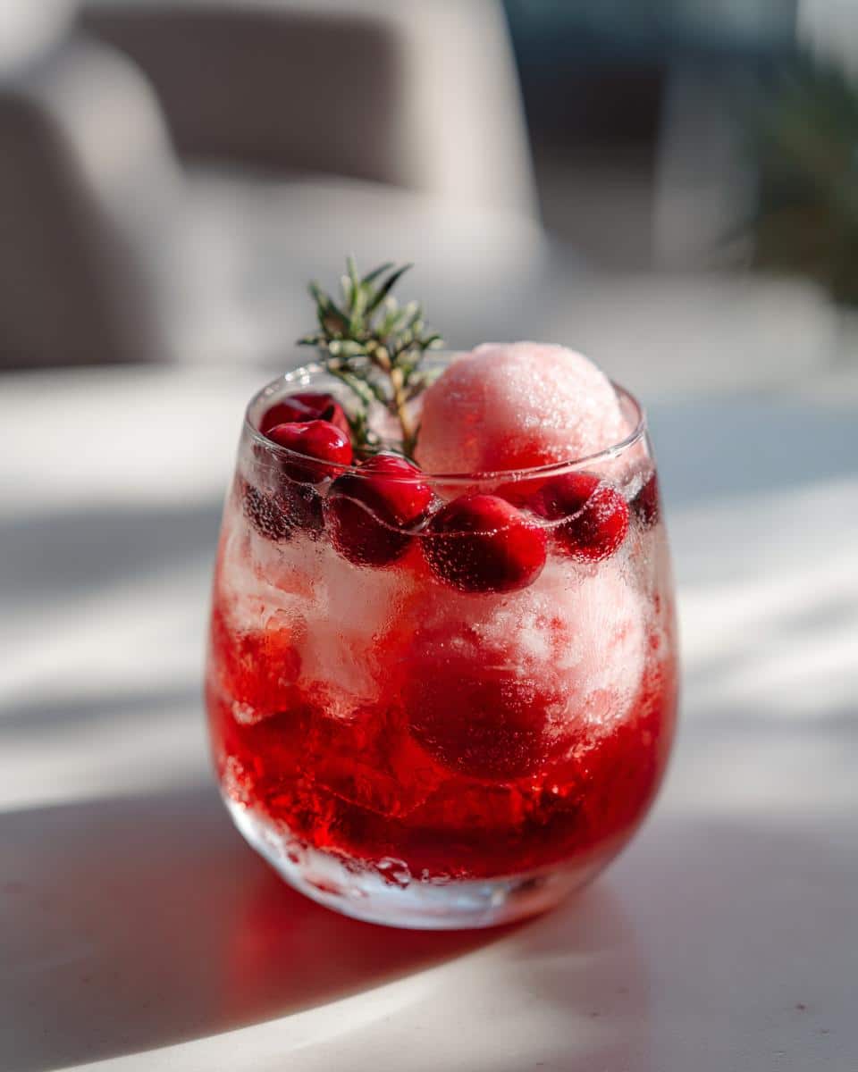 Close-up of a glass of 3-Ingredient Christmas Punch with cranberries, sherbet, and a rosemary sprig.